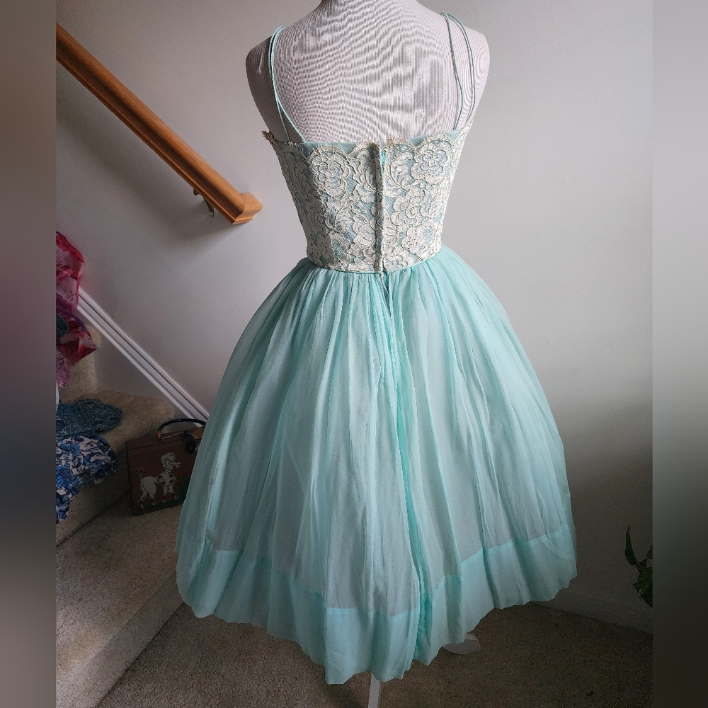 Rare 1950s Pinup Vintage Blue Chiffon Fit & Flare Dress White Lace Shelf Bust S - Picture 10 of 14